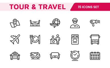 Travel Booking Icon Set. Stylish and user-friendly icons for enhancing travel apps, websites, and services, perfect for streamlining flight searches, hotel bookings, and adventure planning.