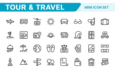 Travel Booking Icon Set. Stylish and user-friendly icons for enhancing travel apps, websites, and services, perfect for streamlining flight searches, hotel bookings, and adventure planning.