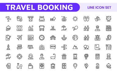 Travel Booking Icon Set. Stylish and user-friendly icons for enhancing travel apps, websites, and services, perfect for streamlining flight searches, hotel bookings, and adventure planning.