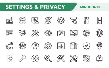 Settings & Maintenance Icon Set. Sleek and functional icons for user interfaces, perfect for enhancing apps and websites with intuitive navigation for settings, updates, and maintenance.