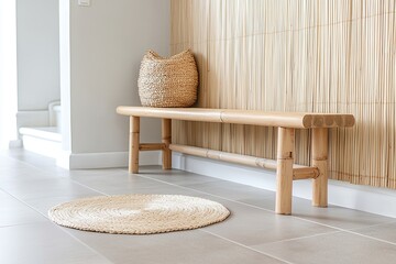 A minimalist entryway featuring a wooden bench, a woven basket, and a round rug against a textured wall backdrop.