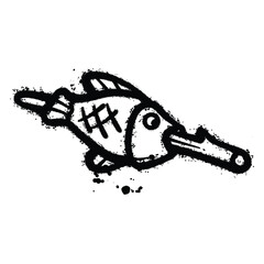 Graffiti Spray grilled fish isolated on white background