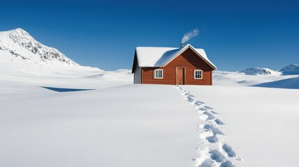 Naklejka premium A cozy wooden cabin nestled in a snow-covered landscape, with blue skies and mountains in the background, evoking a serene winter atmosphere.