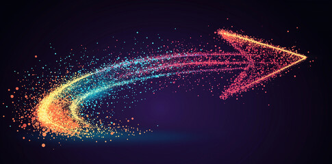 Obraz premium A colorful arrow made of glowing light beams, pointing right at the center on a black background he arrow forms an elegant and dynamic shape with a sense of motion and speed, Ai