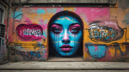 Colorful Urban Street Art Mural Featuring Surreal Blue Face with Bold Eyes and Dripping Paint...