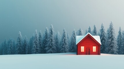 Naklejka premium A cozy red cabin stands alone amidst snow-covered trees, glowing warmly in the winter dusk.