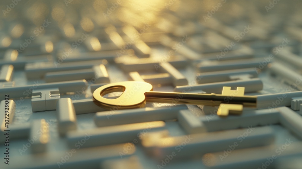 Poster golden key maze solution. a gold key rests atop a maze of keys, symbolizing problem-solving and find