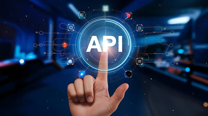 API application programming interface, a finger touch a hologram virtual interface that hologram of API, API integration, API development, JSON, API documentation, 
