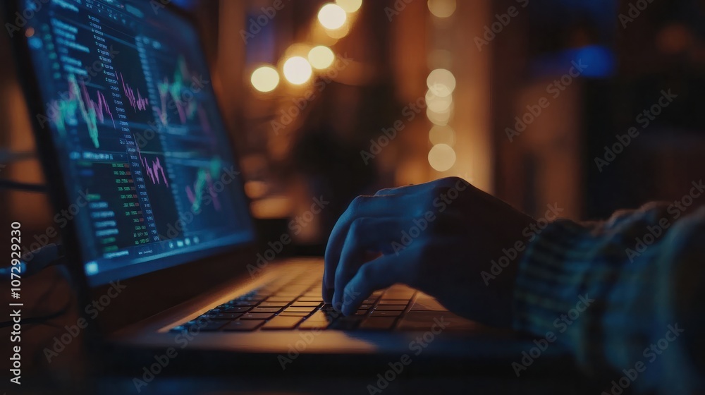 Poster a person is typing on a laptop with a stock market graph on the screen. the person is focused on the