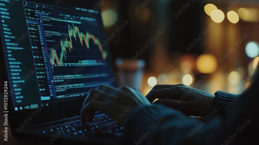 Poster a person is typing on a laptop with a stock market graph on the screen. the person is focused on the