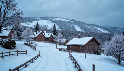 Snowy mountain village with wooden cabins in winter landscape