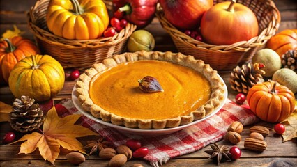 Fototapeta premium A Delicious Homemade Pumpkin Pie Surrounded by Autumnal Elements and Decorated with a Nutmeg Garnish
