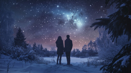 Obraz premium Snow fields at night with a backdrop of a starry sky and beautiful northern lights. Amazing night view.