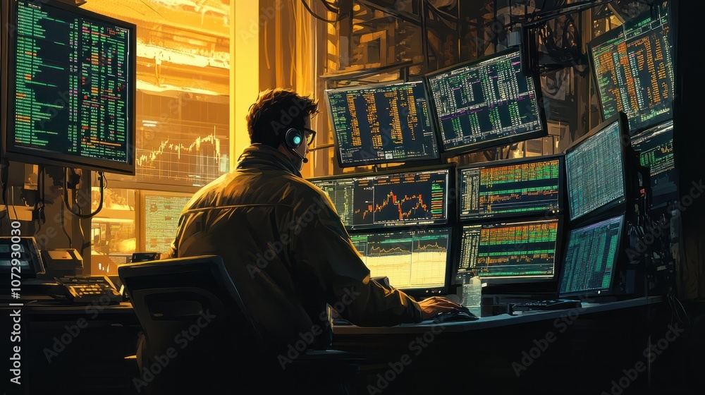 Poster a trader in a bustling stock exchange monitors multiple screens displaying market data, emphasizing 