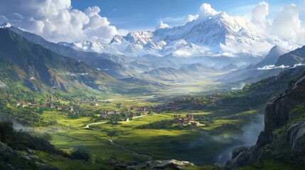 A peaceful view of the Tibetan Plateau, China, with vast grassy valleys, towering snow-capped mountains in the distance, and traditional Tibetan villages dotted along the plains