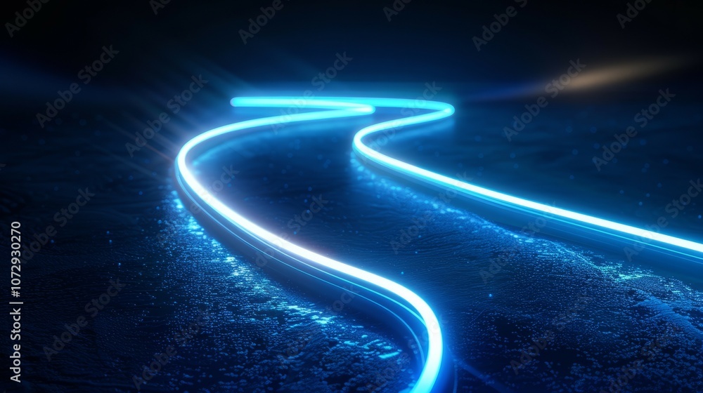 Poster glowing neon paths. abstract blue neon lines curve across a dark surface symbolizing a journey or pa