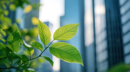Fresh green leaves in urban setting with skyscrapers.