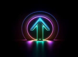 A neon arrow pointing upwards is surrounded by two glowing neon circles.