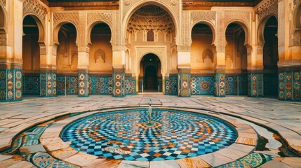 Obraz premium Ornate fountain in a courtyard with intricate arches.