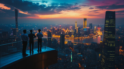 Fototapeta premium Abstract business team stands on the peak of success amid tall, innovative Smart city and graphs with statistics to analyze business potential and predict future developments in company growth.