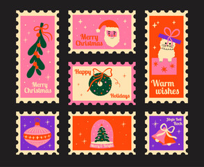 Merry Christmas vector post stamps sticker elements design set. Collection of cute groovy funky cartoon illustrations with winter holiday bow, Santa Claus, wreath, bells, xmas bauble, mistletoe