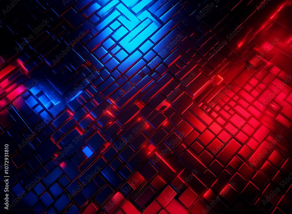 Poster a dark, abstract background with a grid of squares illuminated by red and blue lights.