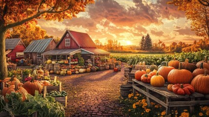 autumn farmers market sunset pumpkins gourds vegetables harvest festival