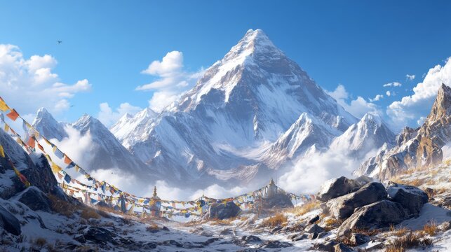 Wide-angle view of Mount Everest (Qomolangma) from Tibet, China, with clear blue skies, snowy peaks, and prayer flags fluttering in the foreground