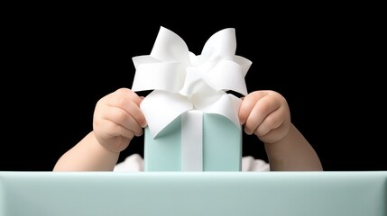 A baby’s hands grasp a wrapped gift with a large white bow, creating a heartwarming scene of anticipation and joy against a black background.