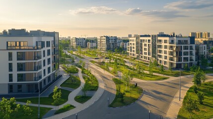 Modern residential area with green spaces and curved roads