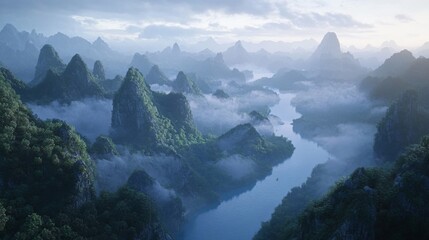 Obraz premium Stunning karst mountain formations of Guilin, China, at sunrise, with the Li River snaking through the valley, mist floating around sharp peaks and lush vegetation