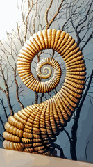 A mesmerizing spiral pattern of wooden shapes entwined with tree branches in a surreal design