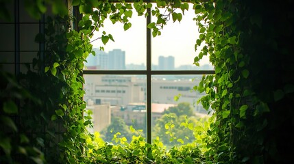Urban view through green leafy window frame.