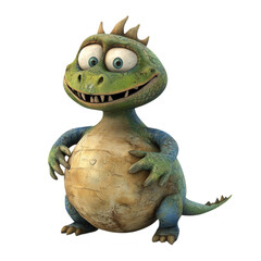 Obraz premium A friendly, cartoon-style green dragon with large eyes and a toothy grin, stands with his hands on his belly, isolated on transparent or white background