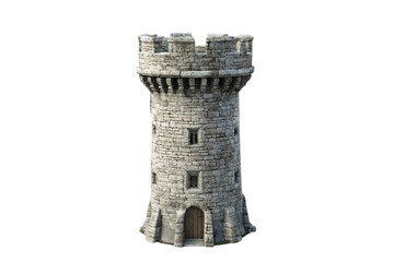 A stone tower with a pointed roof, windows, and a door, isolated on transparent or white background