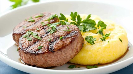 A delicious plate featuring two grilled beef patties served with creamy polenta and fresh parsley garnish.