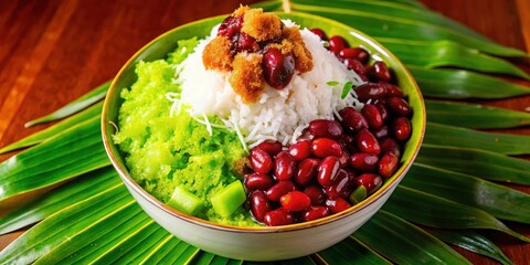 A bowl of shaved ice with sweet beans, coconut flakes, and a red cherry topping, resting on a bed of green leaves.