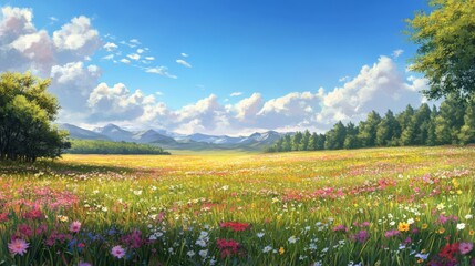 Fototapeta premium Meadow with wildflowers - Vibrant flowers under clear skies