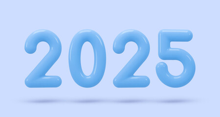 Realistic icon, 3d render, flying glass blue numbers 2025. Isolated on blue background. Happy New Year Vector illustration for card, party, design, flyer, banner, web, advertising