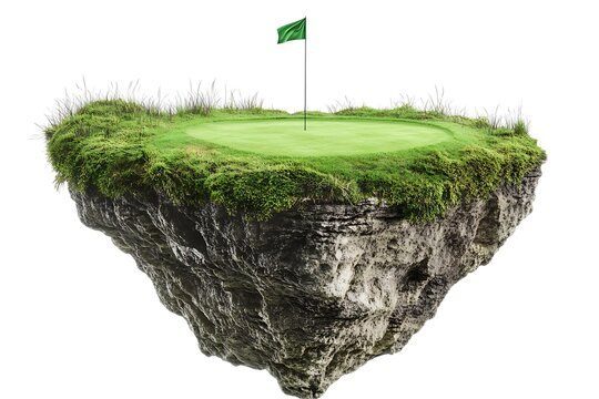 Golf course with a rich green turf beautiful scenery. fantasy floating island with natural on the rock, surreal float landscape with paradise concept isolated on white background
