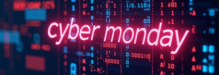 Cyber Monday neon banner. glowing pink neon text "Cyber Monday" over blurred digital futuristic background
