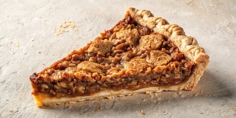 A slice of homemade pecan pie with a flaky crust, golden brown topping, and a generous amount of pecans, resting on a light gray background.
