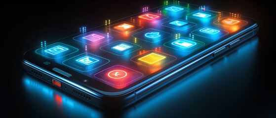 Obraz premium Futuristic smartphone with holographic app icons glowing in the dark.