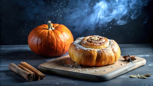 A freshly baked pumpkin-shaped pastry dusted with powdered sugar sits on a wooden cutting board, with a whole pumpkin and cinnamon sticks nearby, suggesting a warm and comforting autumnal scene. - Powered by Adobe