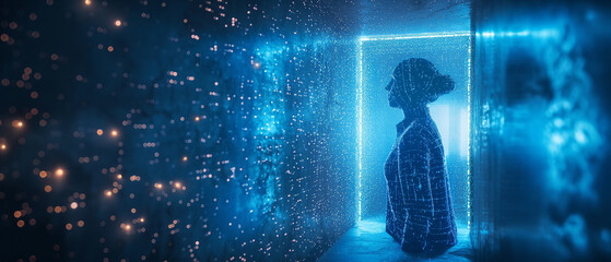 Fototapeta premium Silhouette of a person made of digital particles in a futuristic glowing portal.
