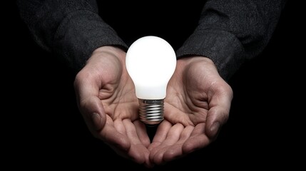 A glowing light bulb is cradled in two hands, symbolizing ideas, creativity, and innovation against a dark background.
