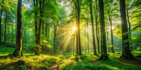 Obraz premium Sunlight Filtering Through Lush Green Forest, Creating a Warm Glow on Trees and Foliage in a Serene Natural Setting, Inviting Peace and Tranquility for Nature Lovers