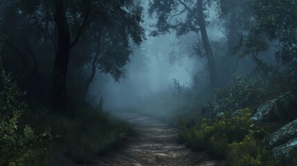 Foggy forest path - Mystical atmosphere with dense trees and moody fog