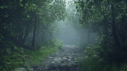Foggy forest path - Mystical atmosphere with dense trees and moody fog