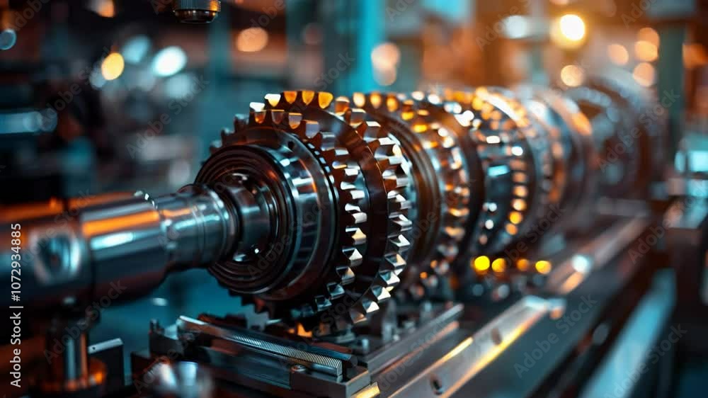 Aufkleber gears and machinery come to life in a dynamic manufacturing environment as shadows lengthen and ligh